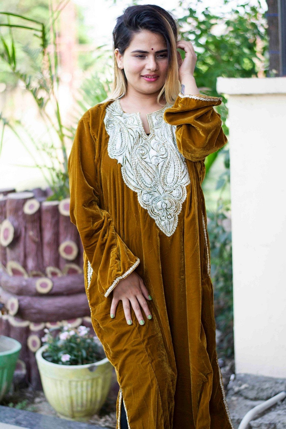Yellow Mustard Color Kashmiri Tilla Work Embroidered Velvet