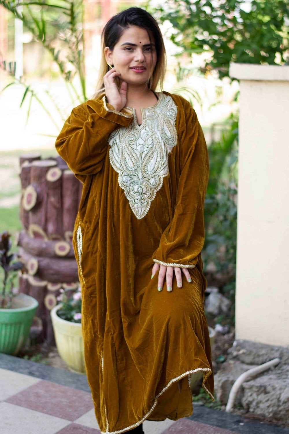 Yellow Mustard Color Kashmiri Tilla Work Embroidered Velvet