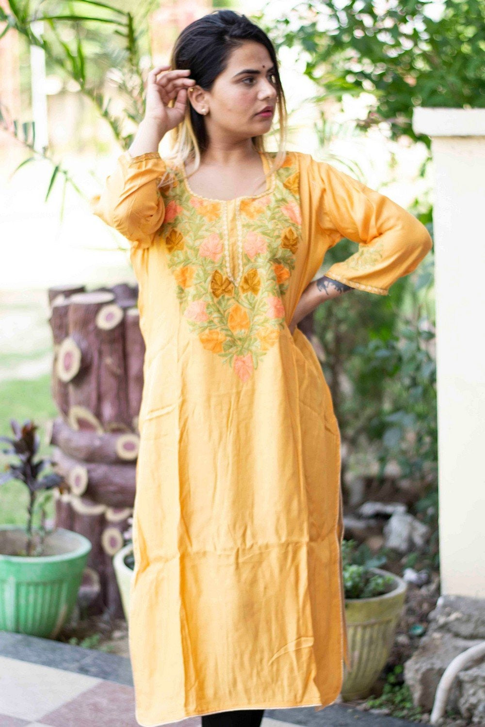 Yellow Mustard Colour Cotton Kurti With Beautiful Aari