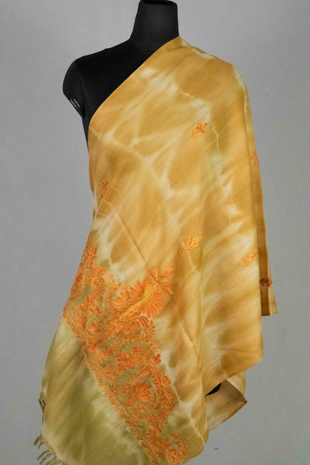 Yellow Mustard Tye Dye Stole With kashmiri Embroidery