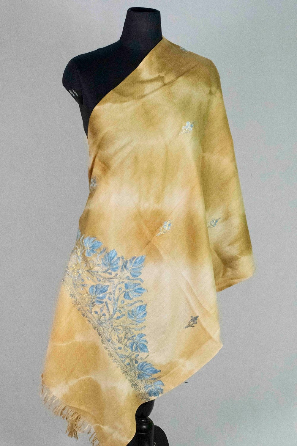 Yellow Olive Colour Tye Dye Stole With kashmiri Embroidery